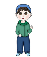 Boy in a baseball cap and scarf. Cartoon style