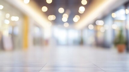 Fototapeta premium A softly blurred interior corridor with warm lighting and decorative plants in a modern building during the day