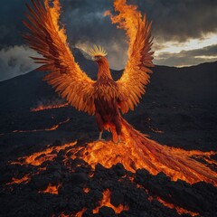 "A phoenix rising from a volcano, its fiery feathers illuminating the scene."

