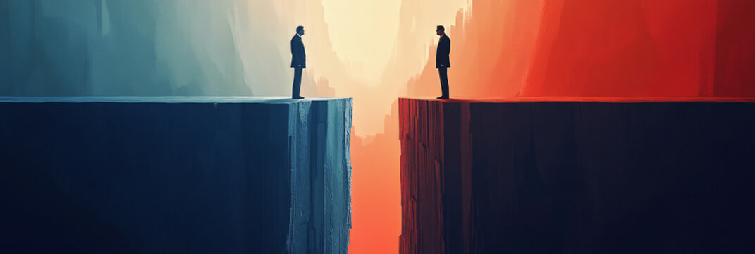 A political debate stage split in half, with figures standing on either side of a deep chasm, representing the divide in discourse 
