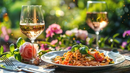 A beautifully arranged plate of pasta with a side of rose wine, set against a backdrop of colorful flowers in a sunlit garden.