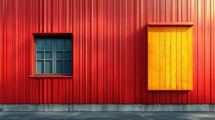 A vibrant red wall with a dark window and a bright yellow shutter.