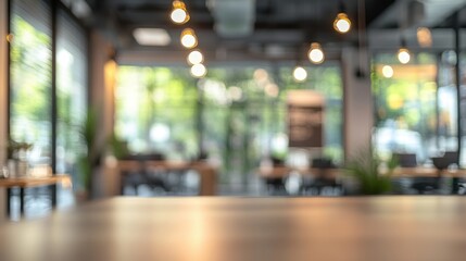 A blurred view of a cafe interior highlighting natural light and modern decor during the morning hours