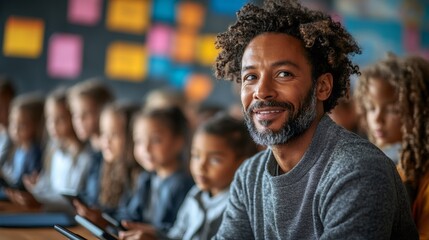 interactive classroom technology, students from different backgrounds in a contemporary classroom, participating in a digital lesson led by an enthusiastic teacher with smart devices