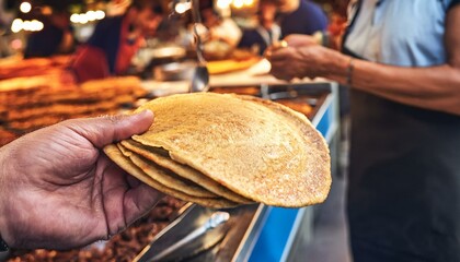 a tortilla to a foodie at a street food market 