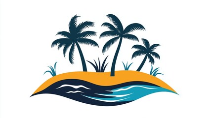 Obraz premium A tropical beach scene with palm trees and water, simple shapes and lines, clip art style, on a white background