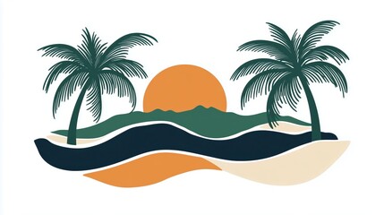 A tropical beach scene with palm trees and water, simple shapes and lines, clip art style, on a white background