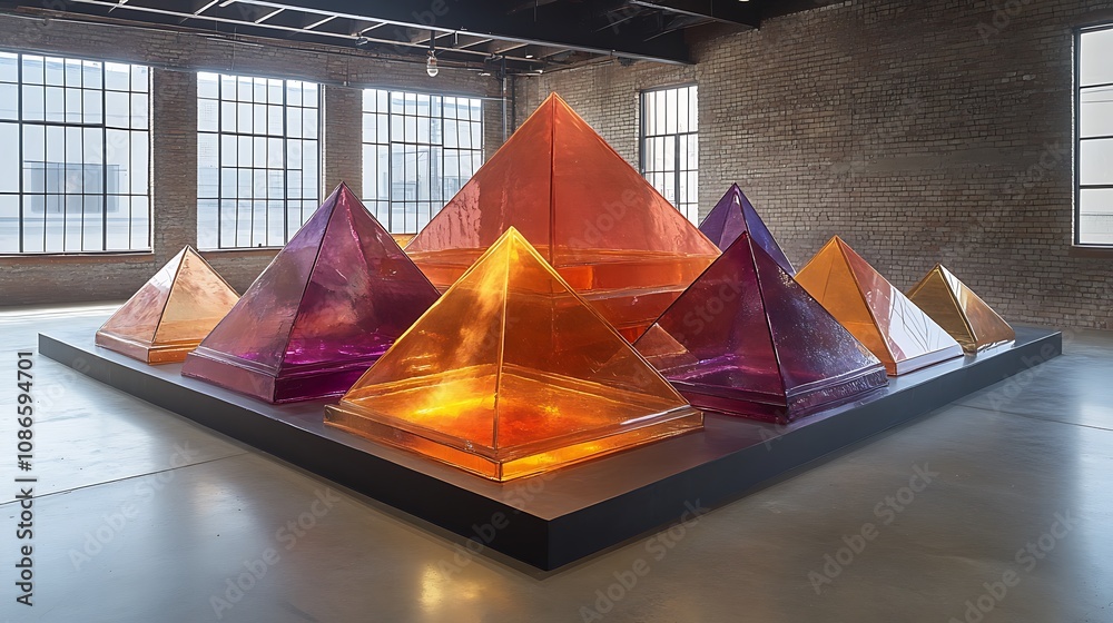 Poster a series of overlapping geometric shapes displayed in a contemporary art space featuring colorful tr