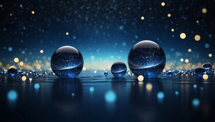 Blue Cosmic Ballet of Glassy Spheres and Golden Lights Abstract background and bokeh on New Year's Eve. 
