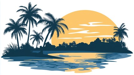 Fototapeta premium A tropical beach scene with palm trees and water, simple shapes and lines, clip art style, on a white background 