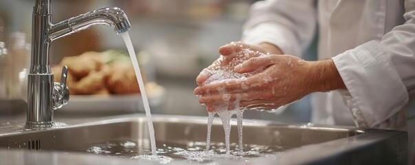 Chef washing hands in stainless steel sink, emphasizing hygiene, detailed water flow, photorealistic kitchen setting, vibrant lighting