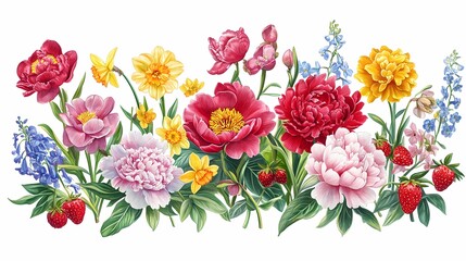 Fototapeta premium Retro flower and strawberry plant illustration poster background