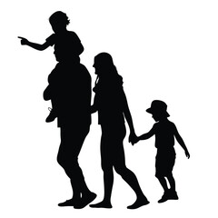 A family of four is walking down the street. A man is holding a child on his shoulders