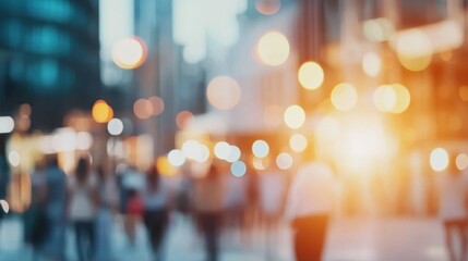 Busy urban street with blurred figures walking during evening hours in a bustling city filled with lights and energy