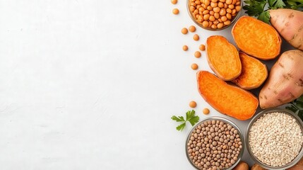 Minimalist composition of sweet potatoes, grains, and legumes, showcasing healthy carbohydrate options for a balanced lifestyle, carb options, clean eating
