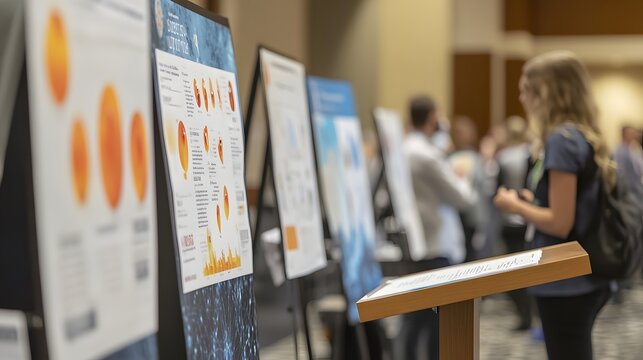 9. A podium at a science conference, with scientific posters and lab equipment in the background