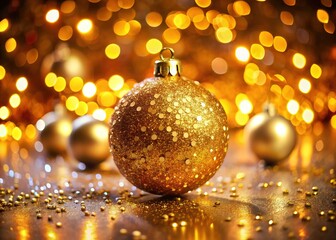 AI-crafted Christmas, golden bokeh, surreal spheres.