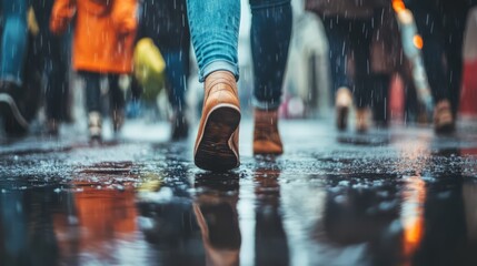 Fototapeta premium Low angle view of people walking through a puddle on a rainy day.