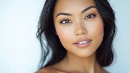 Naklejka premium A close-up portrait of an attractive woman with smooth, clear skin on her face and neck, isolated against a white background