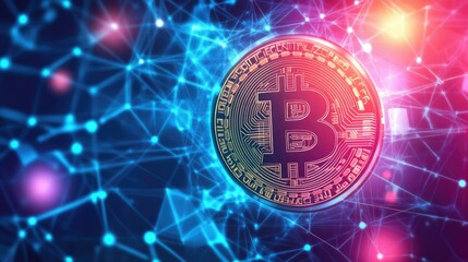 Obraz premium Vibrant Visualization of Bitcoin in Digital Blockchain Network with Colorful Connections and Data Points Representing Cryptocurrency Technology
