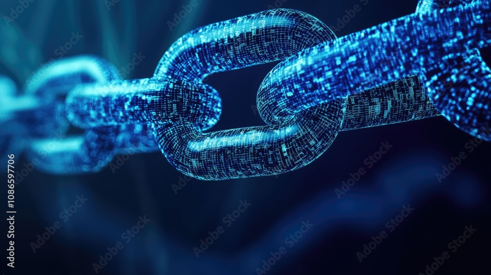 Poster futuristic blue chain link with digital binary code representing technology connections, data securi