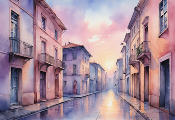 Obraz premium Watercolor Pastel Street Scene at Sunrise