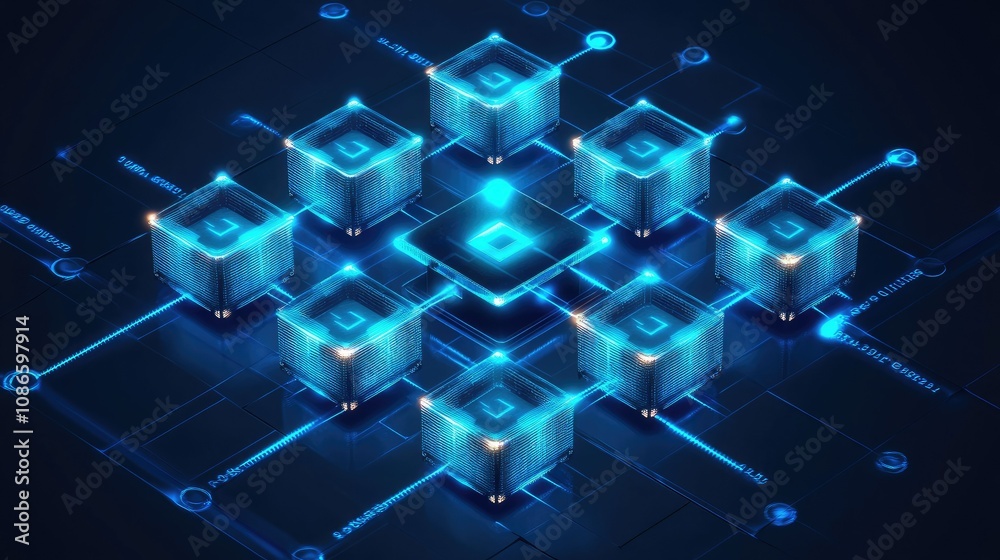 Poster futuristic digital network with glowing cubes and circuit lines representing data flow and connectiv