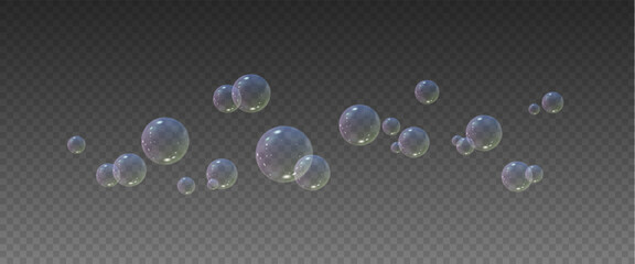 Realistic soap vector bubbles png isolated on transparent background. The effect of falling and flying bubbles. Glass bubble effect.	