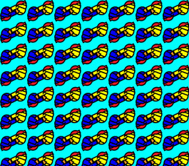 abstract pattern with overlapping red, blue, and yellow shapes on a turquoise background