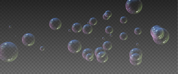 Realistic soap vector bubbles png isolated on transparent background. The effect of falling and flying bubbles. Glass bubble effect.	
