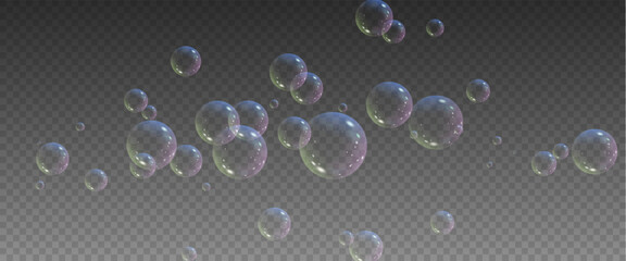 Realistic soap vector bubbles png isolated on transparent background. The effect of falling and flying bubbles. Glass bubble effect.	
