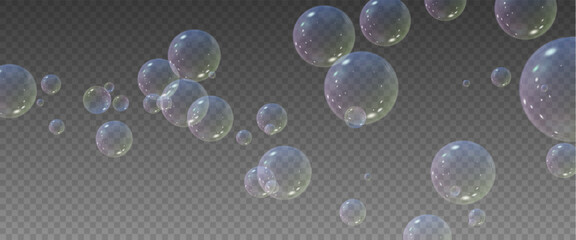 Realistic soap vector bubbles png isolated on transparent background. The effect of falling and flying bubbles. Glass bubble effect.	
