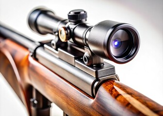 Obraz premium A sharp focus on a rifle scope, set against a stark white background.