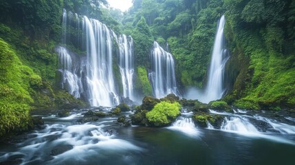Fototapeta premium Lush green forest with cascading waterfalls and a misty atmosphere.