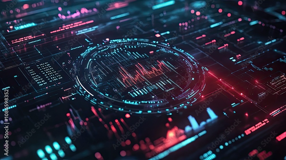 Poster futuristic digital interface with neon lights and data stream visualizing technology in a high-tech 