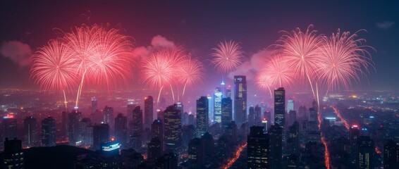 Obraz premium City skyline at night with red fireworks exploding in the sky. Celebration scene captured from a high vantage point