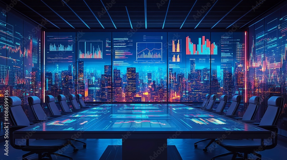 Poster An empty conference room with a large table and chairs, overlooking a futuristic city skyline at night. The table is equipped with advanced technology, displaying data and charts.