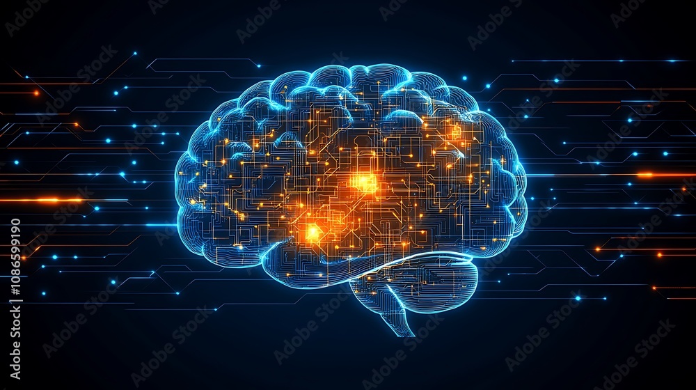 Poster abstract representation of an artificial intelligence brain with neon lights and digital circuit pat