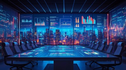 An empty conference room with a large table and chairs, overlooking a futuristic city skyline at night. The table is equipped with advanced technology, displaying data and charts.