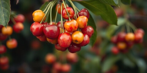 Obraz premium A cluster of vibrant red and yellow Montmorency cherries hanging from a branch, seasonal produce, cherry bunch