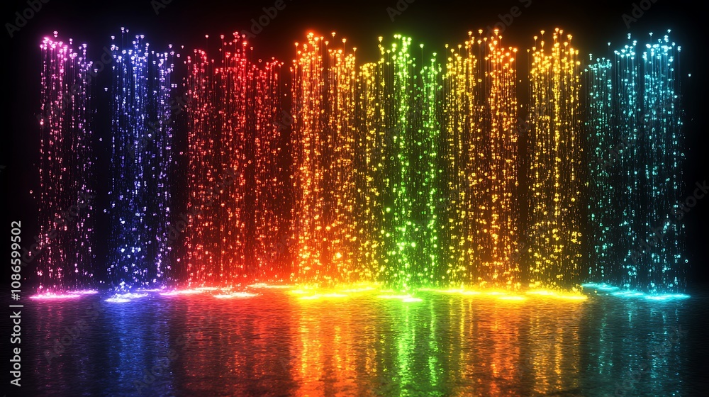 Poster abstract representations of cascading binary code in a colorful display of light and motion, showcas