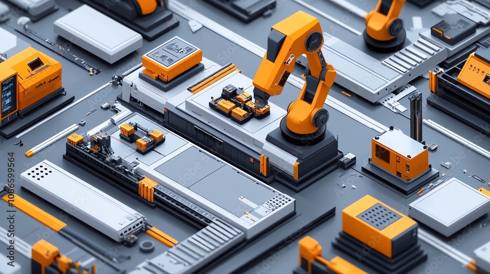 Fototapete An isometric illustration of a robotic arm moving objects on a conveyor belt in a factory.