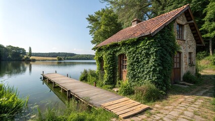 Fototapeta premium A cozy countryside cottage with ivy climbing the walls, surrounded by a tranquil lake and lush greenery, featuring a wooden dock, rural landscape, ivy covered, lake scene, garden views, water features