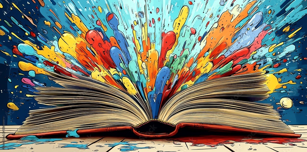 Poster An open book with colorful paint splatters bursting out of it.