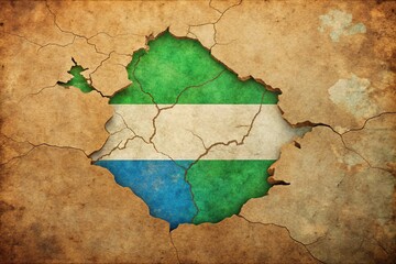 A vintage map and distressed paper provide a historical setting for the bold Sierra Leone flag.