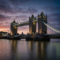 "London&rsquo;s Tower Bridge lit up over the River Thames at dusk."
