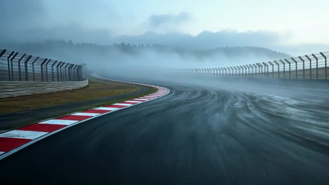 Misty Race Track: A Thrilling View of a Foggy Racetrack - Powered by Adobe