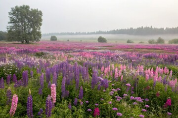 Fototapeta premium A field of purple and pink wildflowers in full bloom, outdoor sightseeing, blooming field, purple blooms, vibrant wildflowers