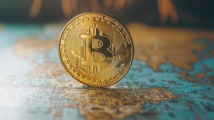 Close-Up of a Golden Bitcoin Coin Balanced on a Vintage World Map, Representing Global Cryptocurrency Investment and Financial Technology Trends
