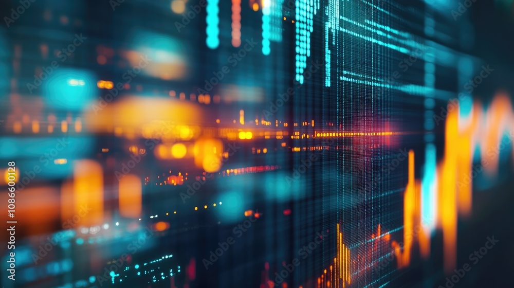 Poster abstract technology background featuring colorful graphs and data visualizations for financial or di
